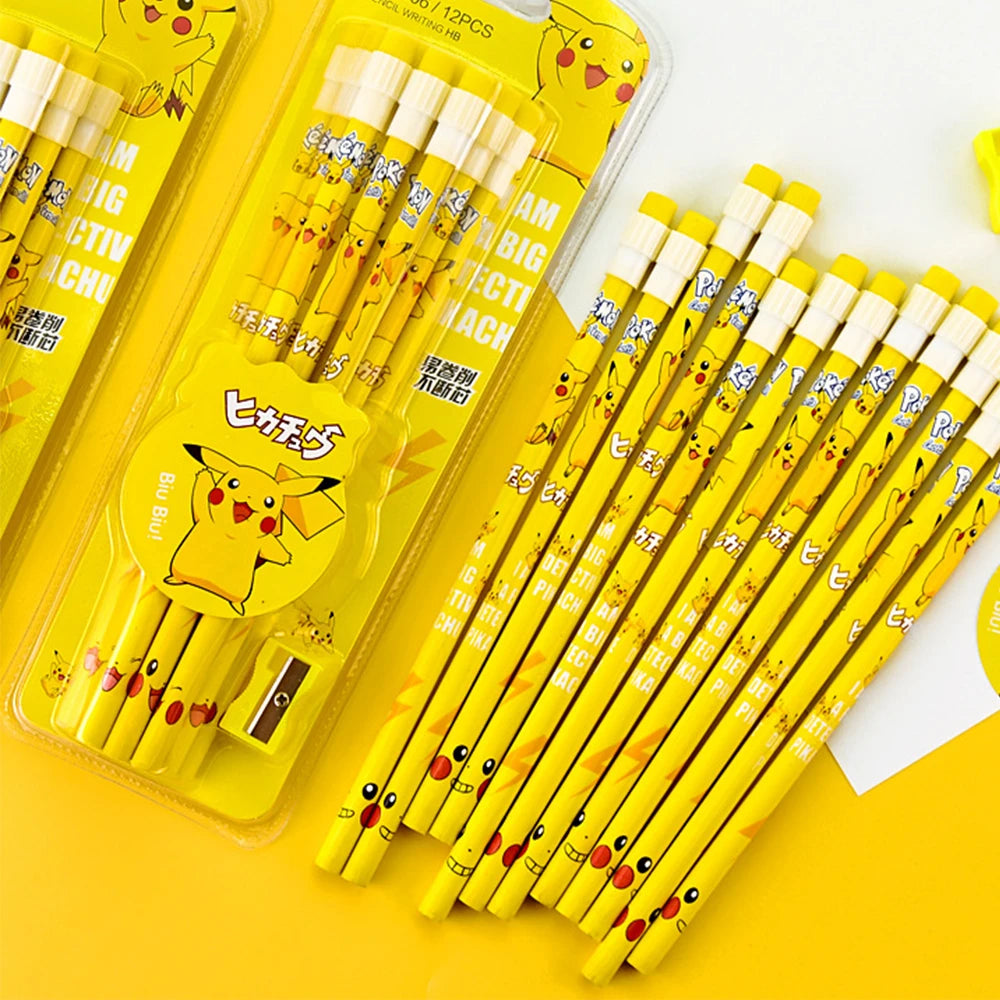 12pcs Anime Pokemon Pikachu Pencil Figure Cartoon Pencil Kawaii Student Stationery Kids Birthday Xmas Gifts