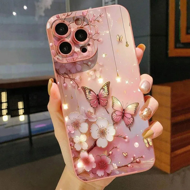 Butterfly & Floral Design Shockproof Phone Case For iPhone 16 15 14 Pro Max 13 12 11 XS X XR 7 8 Plus Matte Soft Silicone Cover