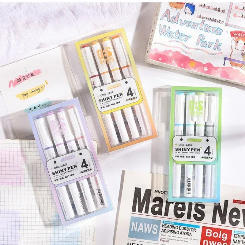 4 Colors Highlighter Pens Shining Highlighter Markers Kawaii Stationery Supplies Back to School Accessories for Girls Students