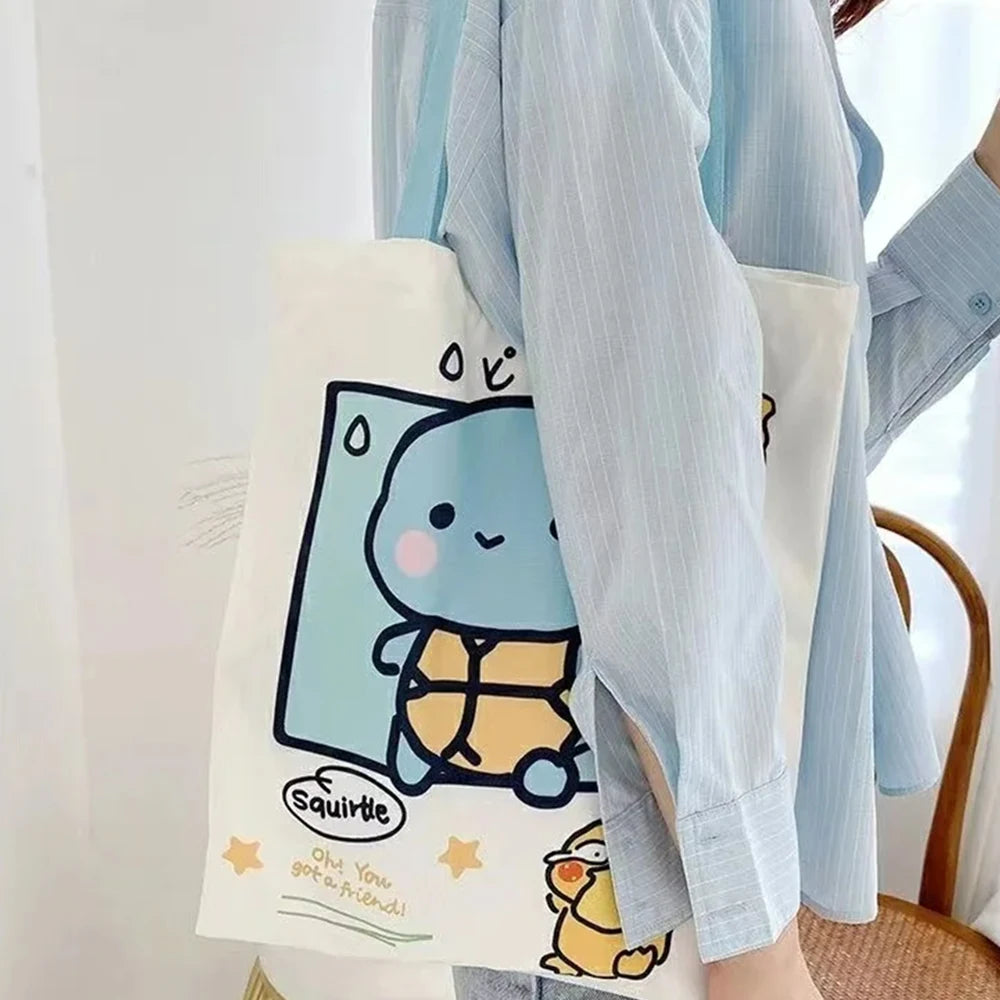 Anime Pokemon Pikachu Canvas Shoulder Bags Psyduck Squirtle Ladies Casual Handbag Reusable Large Capacity Women Shopping Bag