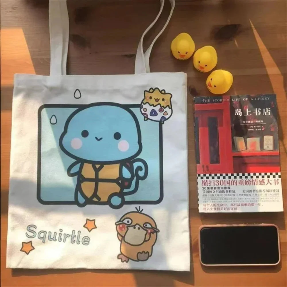 Anime Pokemon Pikachu Canvas Shoulder Bags Psyduck Squirtle Ladies Casual Handbag Reusable Large Capacity Women Shopping Bag