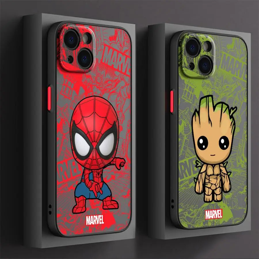 Marvel Cute Spider Man Groot Phone Case for iPhone 16 Pro 11 12 Mini 13 14 Pro 15 Pro Max 7 8 Plus XR XS MAX Black Soft Cover