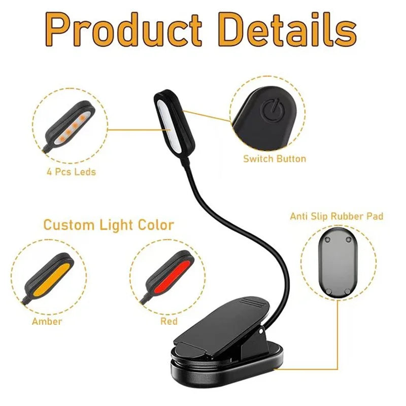 Amber Book Light for Nighttime Reading Clip-on USB Type-C Rechargeable Led Kindle Light Table Lamp Blue Light Blocking for Kids