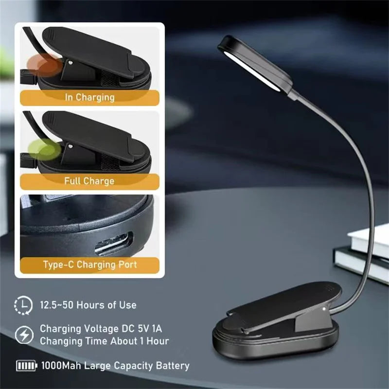 Amber Book Light for Nighttime Reading Clip-on USB Type-C Rechargeable Led Kindle Light Table Lamp Blue Light Blocking for Kids