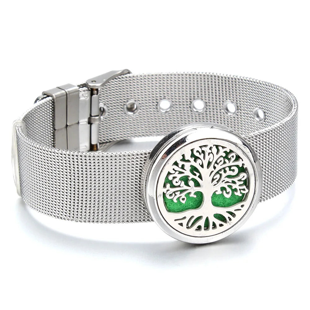 Aroma Diffuser Tree of Life Stainless Steel Leather Bracelet for Women Aromatherapy Locket Essential Oil Diffuser Bracelets Gift