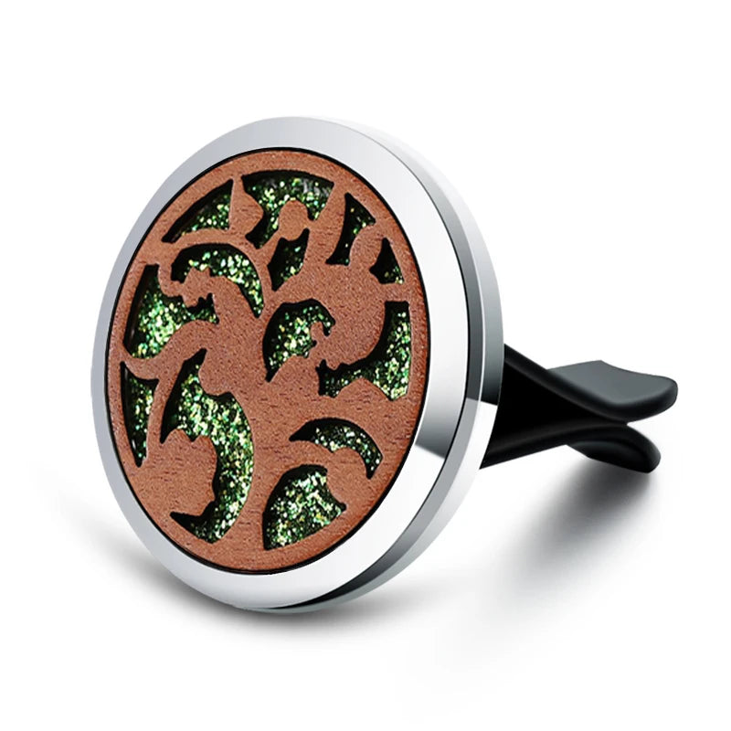 Vintage Wood Tree Of Life Aroma Car Air Freshener Stainless Steel Perfume Locket Essential Oil Diffuser Detachable Clip Jewelry