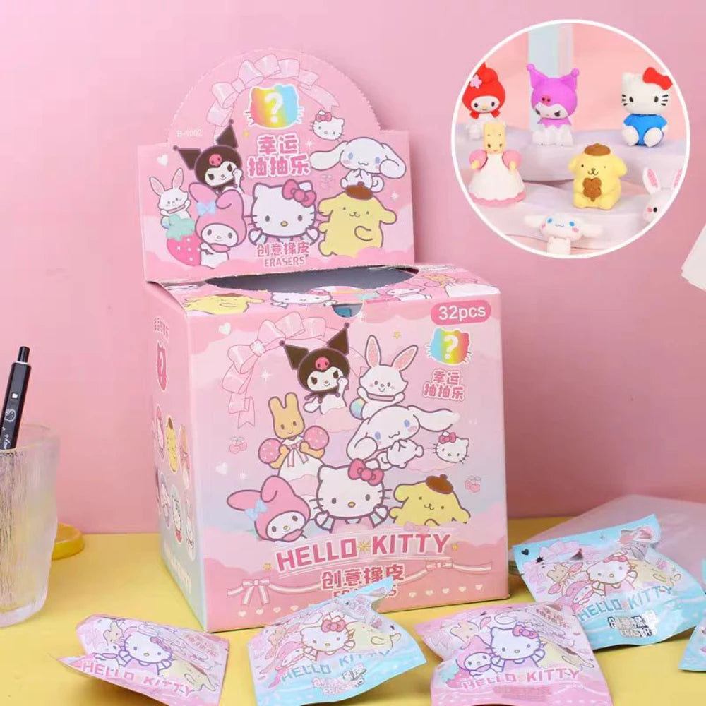 Sanrio Cartoon Eraser 32pcs Anime Kuromi Hello Kitty Kawaii Student Stationery Eraser Cleaning Tool School Children's Prizes