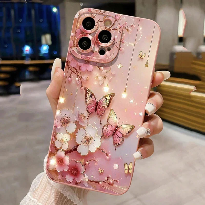 Butterfly & Floral Design Shockproof Phone Case For iPhone 16 15 14 Pro Max 13 12 11 XS X XR 7 8 Plus Matte Soft Silicone Cover