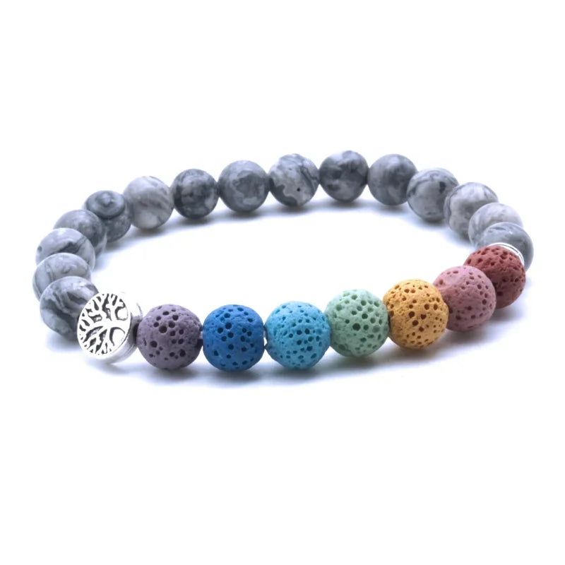 Tree of Life 8mm Seven Chakras Lava Stone Beaded Bracelet DIY Aromatherapy Essential Oil Diffuser Bracelet Yoga Jewelry