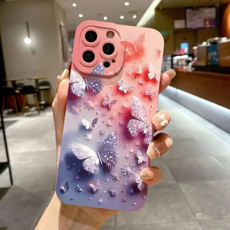 Butterfly & Floral Design Shockproof Phone Case For iPhone 16 15 14 Pro Max 13 12 11 XS X XR 7 8 Plus Matte Soft Silicone Cover