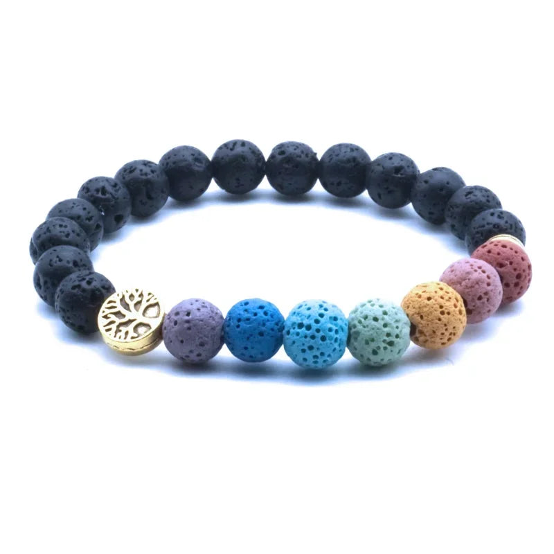 Tree of Life 8mm Seven Chakras Lava Stone Beaded Bracelet DIY Aromatherapy Essential Oil Diffuser Bracelet Yoga Jewelry