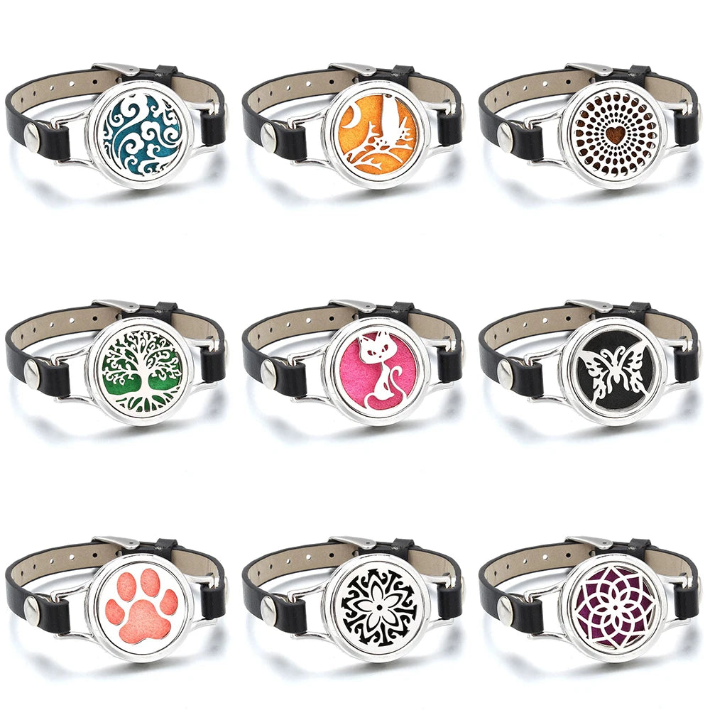 Aroma Diffuser Tree of Life Stainless Steel Leather Bracelet for Women Aromatherapy Locket Essential Oil Diffuser Bracelets Gift