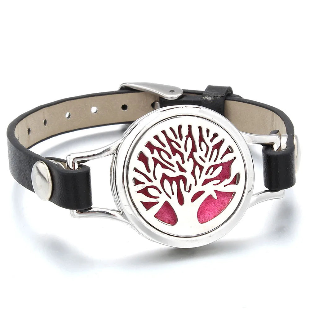 Aroma Diffuser Tree of Life Stainless Steel Leather Bracelet for Women Aromatherapy Locket Essential Oil Diffuser Bracelets Gift