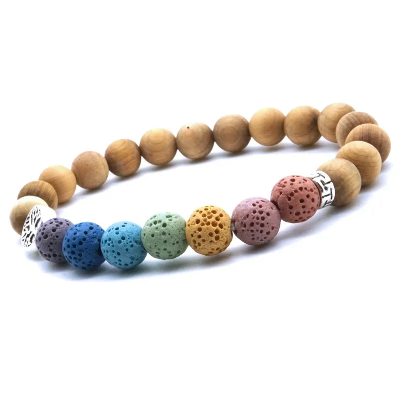 Tree of Life 8mm Seven Chakras Lava Stone Beaded Bracelet DIY Aromatherapy Essential Oil Diffuser Bracelet Yoga Jewelry