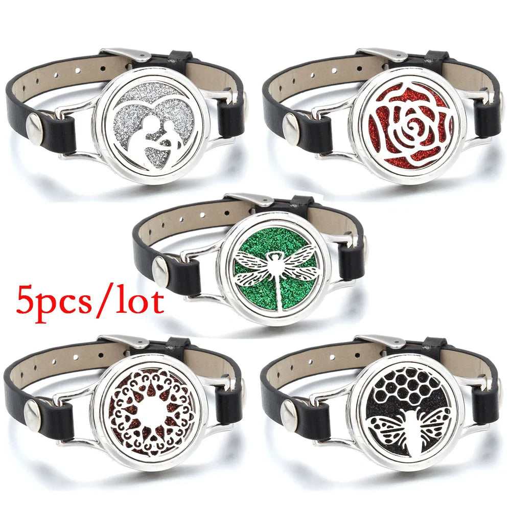 Aroma Diffuser Tree of Life Stainless Steel Leather Bracelet for Women Aromatherapy Locket Essential Oil Diffuser Bracelets Gift