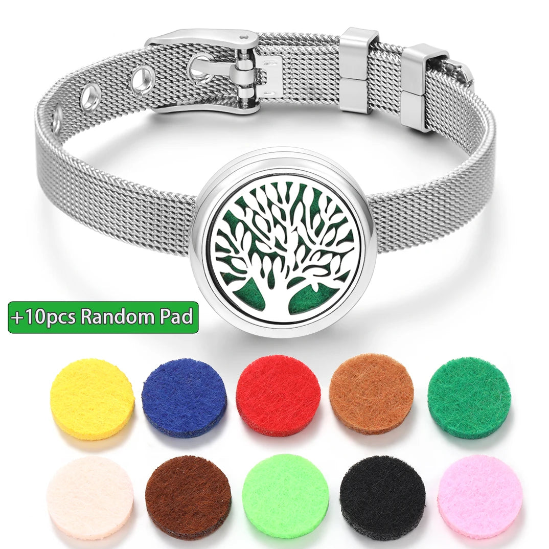 Tree of Life Women Wristband Strap Bracelet Stainless Steel Aromatherapy Diffuser Perfume Essential Oil Lockets Bracelet Jewelry