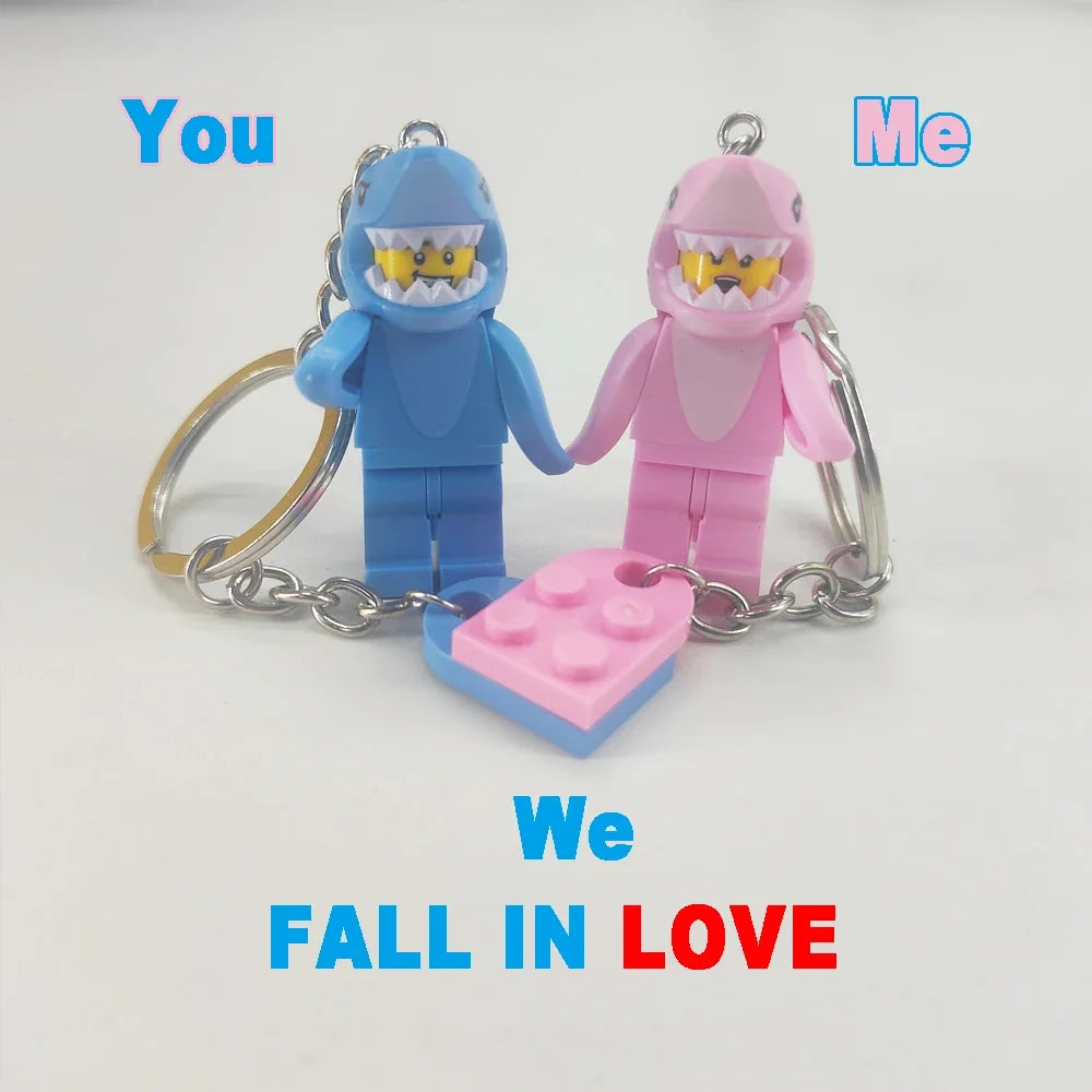 Cartoon Shark Couple Keychains Set - Matching Pink & Blue Anime Keyring Charms for Lovers, Cute Bag/Car Decor Gift for Him Her