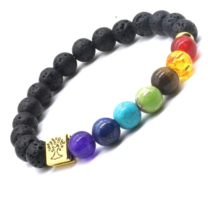 Tree of Life 8mm Seven Chakras Lava Stone Beaded Bracelet DIY Aromatherapy Essential Oil Diffuser Bracelet Yoga Jewelry