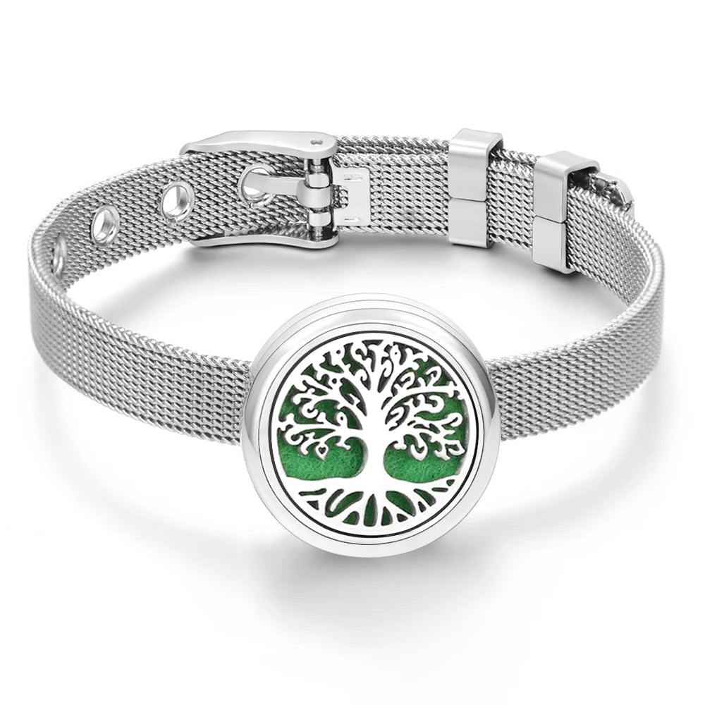 Tree of Life Women Wristband Strap Bracelet Stainless Steel Aromatherapy Diffuser Perfume Essential Oil Lockets Bracelet Jewelry