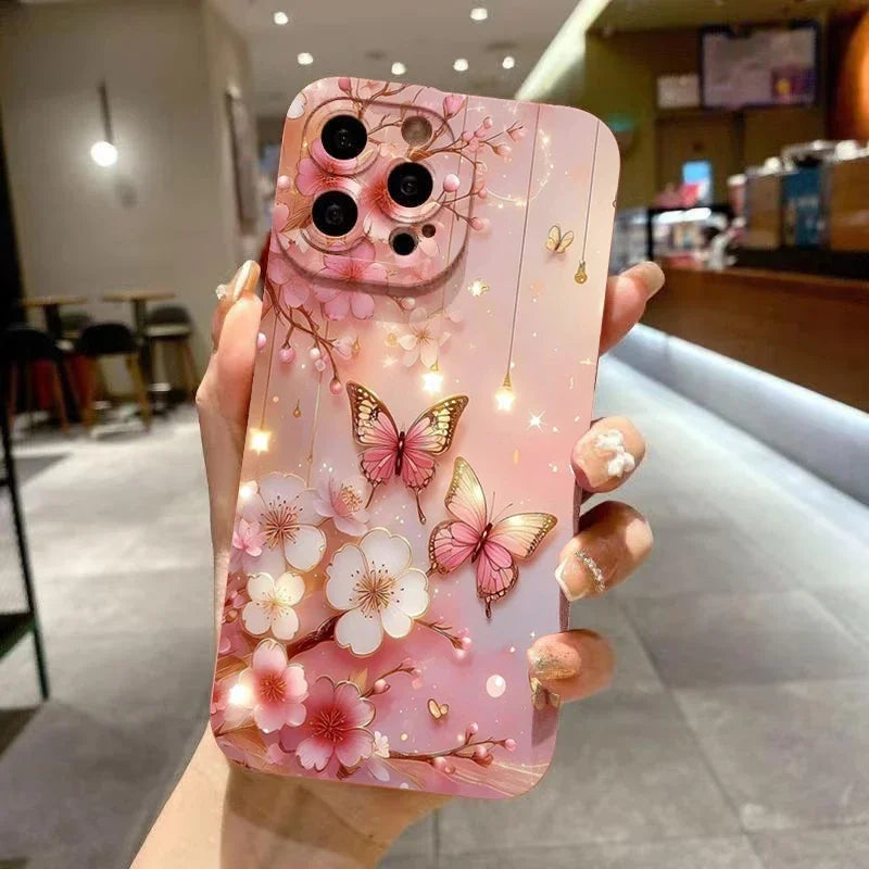 Butterfly & Floral Design Shockproof Phone Case For iPhone 16 15 14 Pro Max 13 12 11 XS X XR 7 8 Plus Matte Soft Silicone Cover