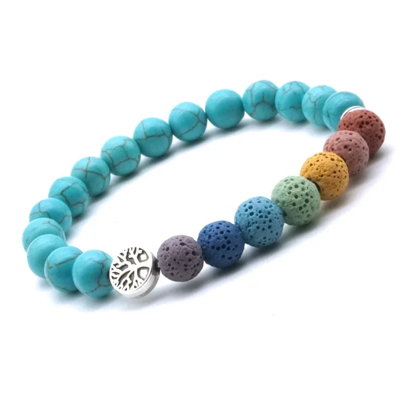 Tree of Life 8mm Seven Chakras Lava Stone Beaded Bracelet DIY Aromatherapy Essential Oil Diffuser Bracelet Yoga Jewelry