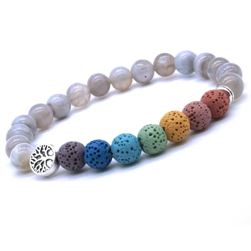 Tree of Life 8mm Seven Chakras Lava Stone Beaded Bracelet DIY Aromatherapy Essential Oil Diffuser Bracelet Yoga Jewelry