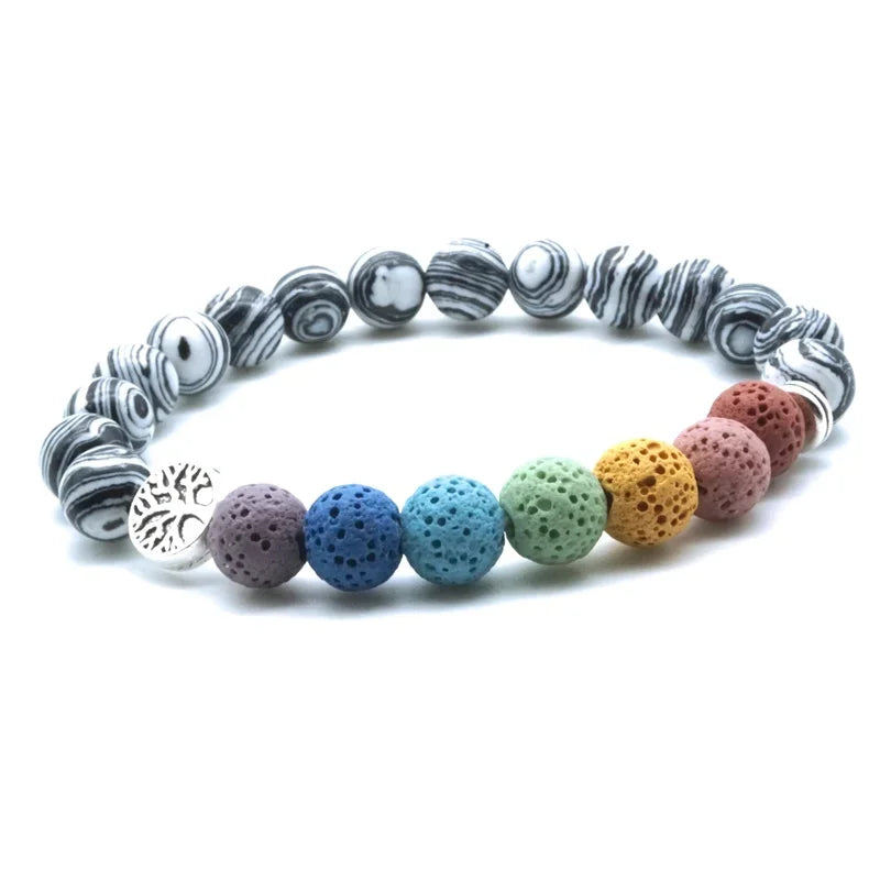 Tree of Life 8mm Seven Chakras Lava Stone Beaded Bracelet DIY Aromatherapy Essential Oil Diffuser Bracelet Yoga Jewelry
