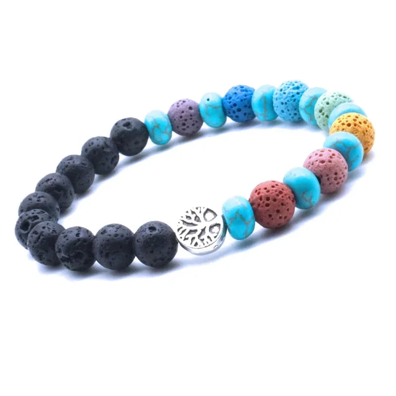 Tree of Life 8mm Seven Chakras Lava Stone Beaded Bracelet DIY Aromatherapy Essential Oil Diffuser Bracelet Yoga Jewelry