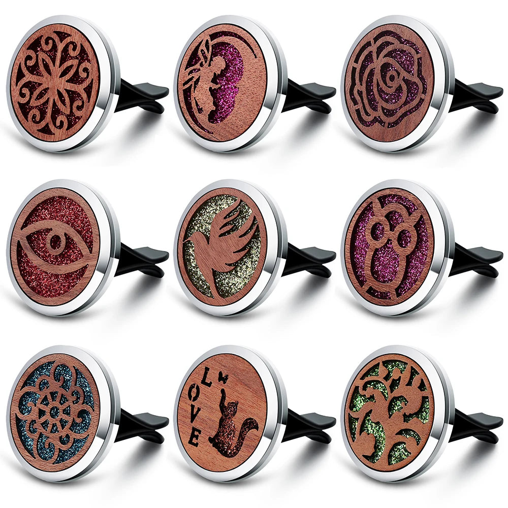 Vintage Wood Tree Of Life Aroma Car Air Freshener Stainless Steel Perfume Locket Essential Oil Diffuser Detachable Clip Jewelry