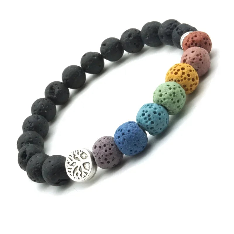 Tree of Life 8mm Seven Chakras Lava Stone Beaded Bracelet DIY Aromatherapy Essential Oil Diffuser Bracelet Yoga Jewelry