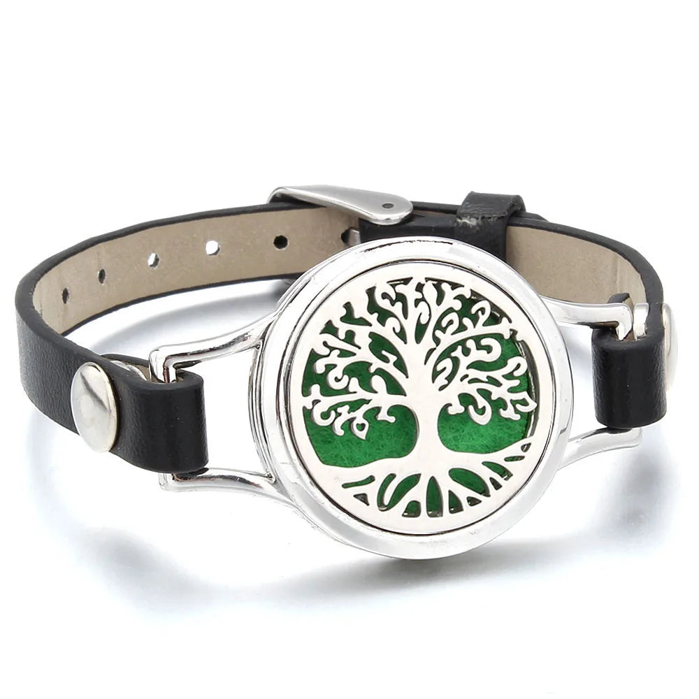 Aroma Diffuser Tree of Life Stainless Steel Leather Bracelet for Women Aromatherapy Locket Essential Oil Diffuser Bracelets Gift